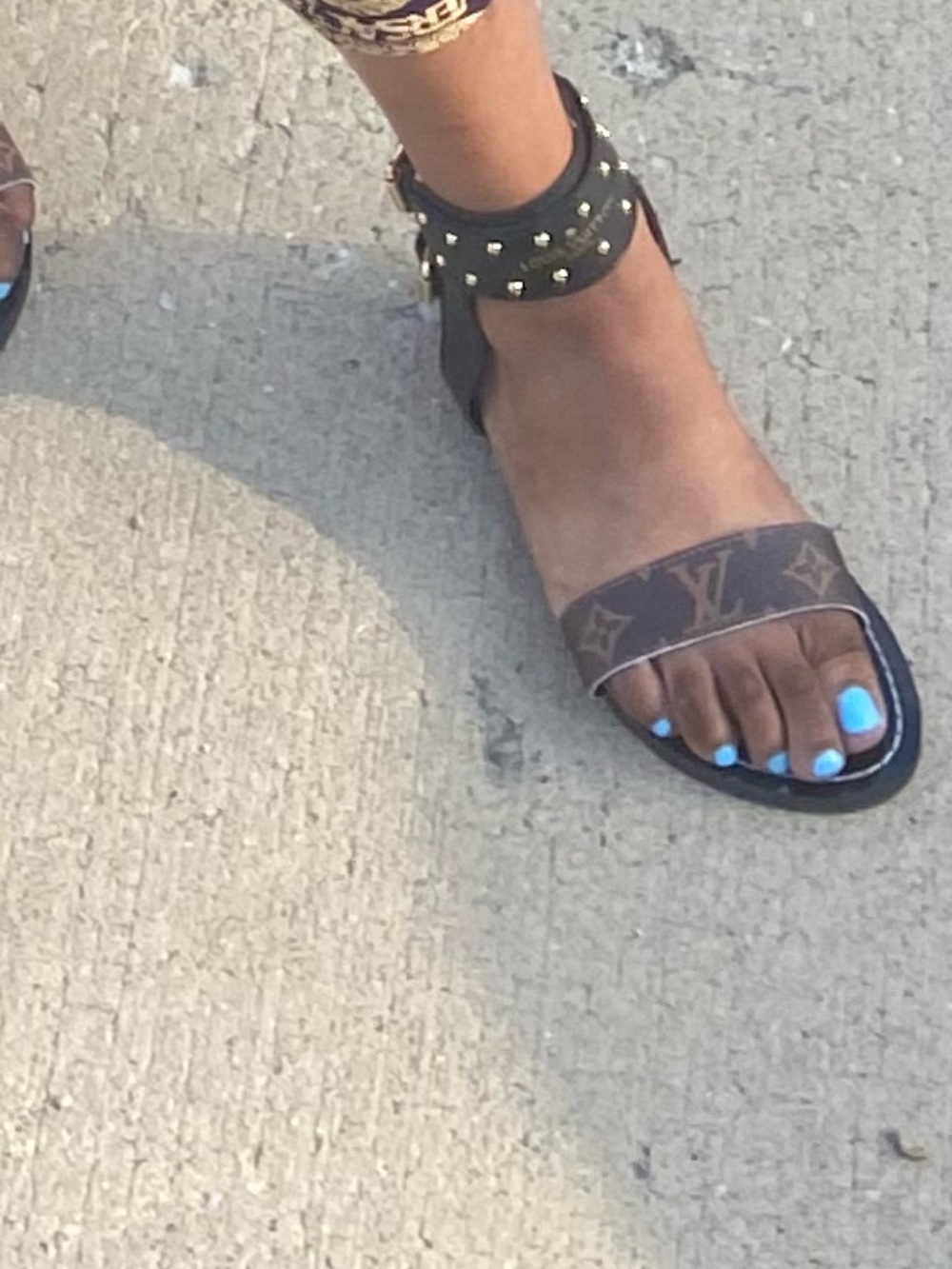 Louis Vuitton Monogram Ankle-Strap Sandals in Brown with Gold Studs